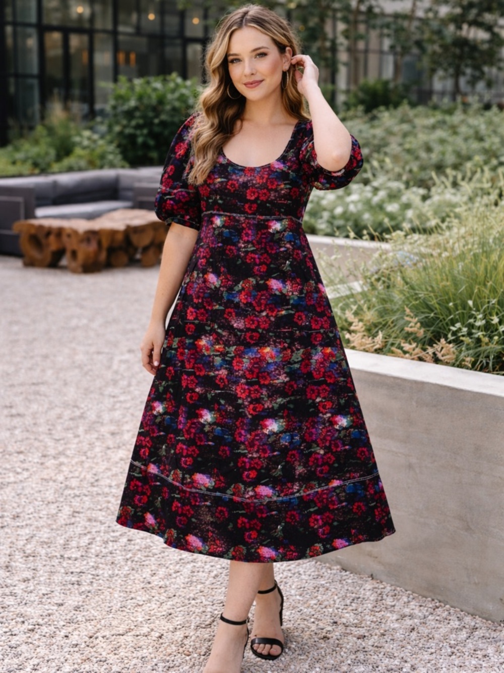 Rachel Comey Floral Midi Dress Balloon Sleeve Black Red Size 6